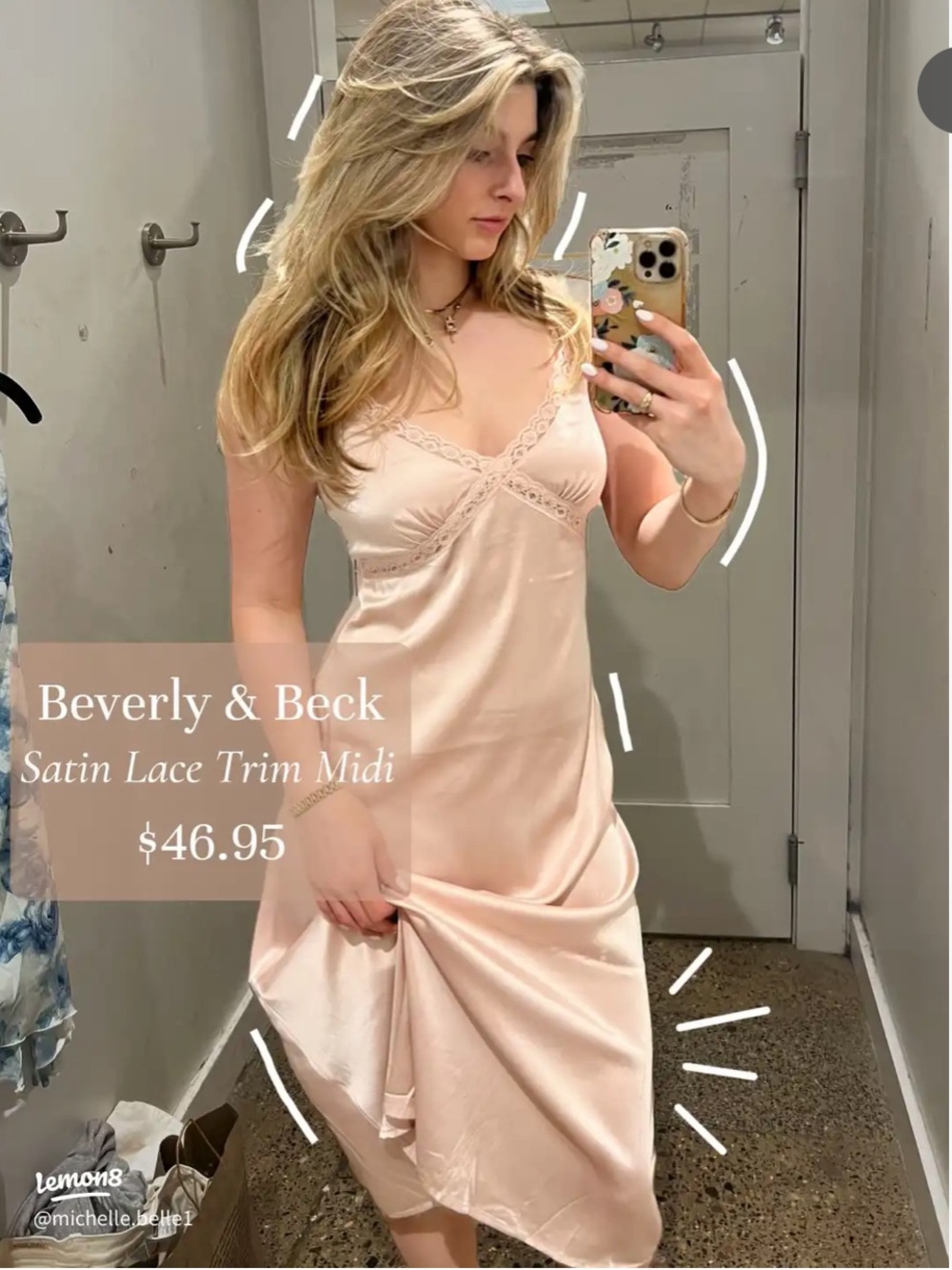 Beverly& Beck Satin Lace Trim Midi Slip Dress Pink Blush Y2K Coquette Medium NWT